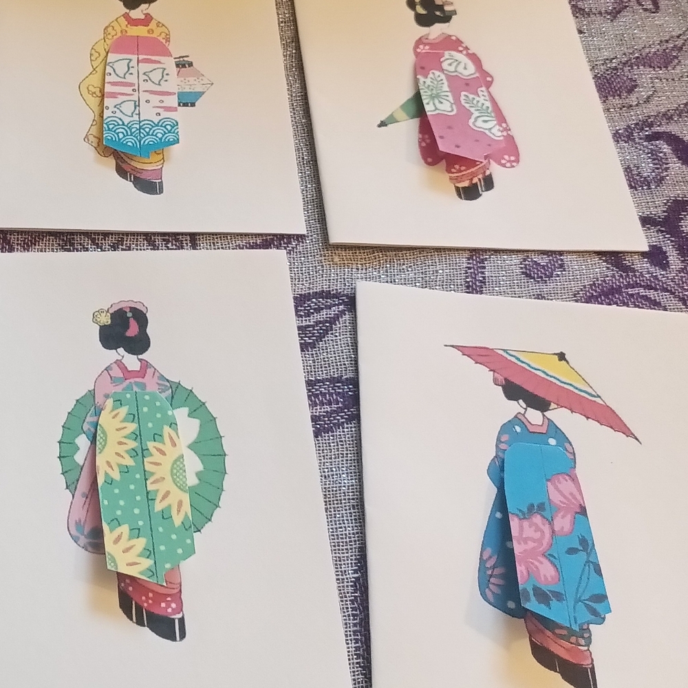 Japanese Bridge Tally Blank Greeting Cards Geisha Kimono Asian Oriental 8 Cards